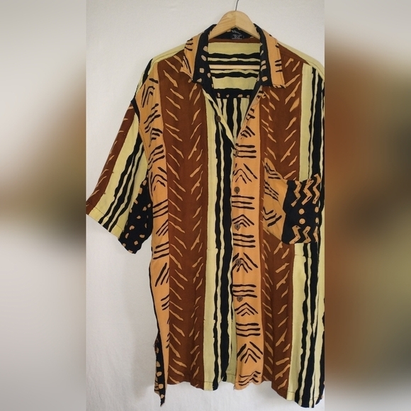 Men's Tribal Pattern Brown and Black Striped Shirt Size 3XL - Picture 2 of 4